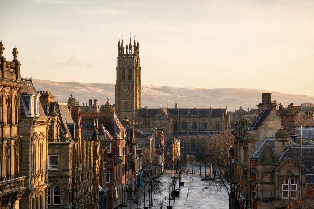 Historic Blackburn town centre architecture in warm winter light.