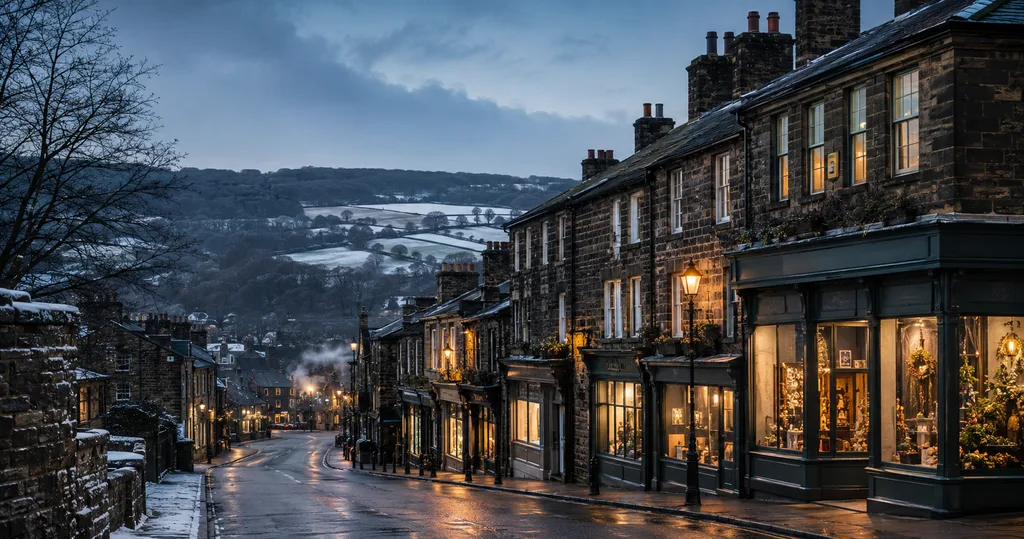 Traditional stone shopfronts on a winter evening in Ramsbottom, Lancashire.