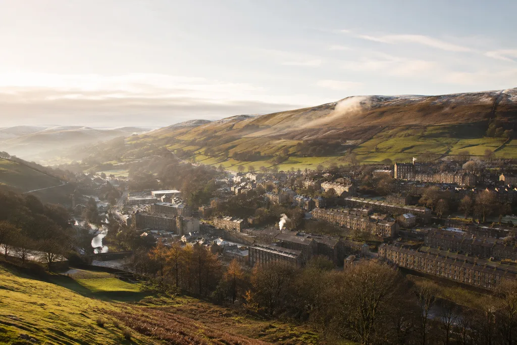 Winter view across Rossendale's stone-built town and surrounding Lancashire valley.