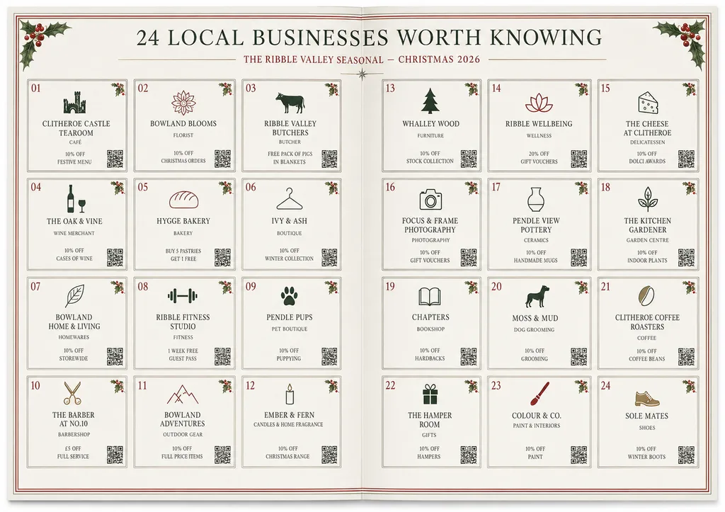 Visual print spread showing all 24 demonstration business positions