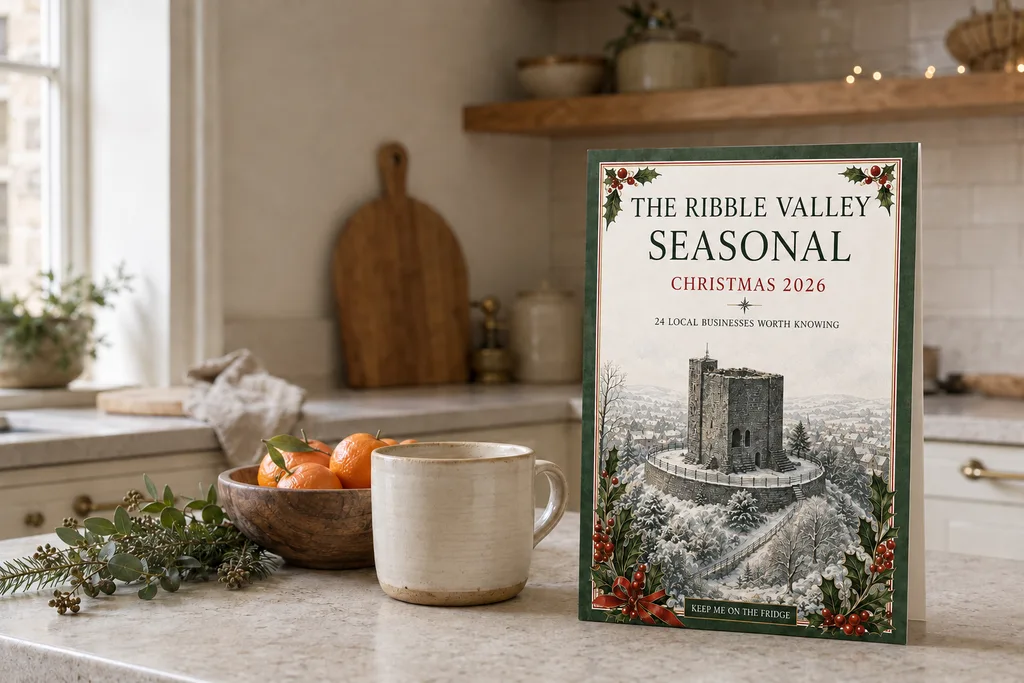 The Christmas guide standing on a kitchen worktop
